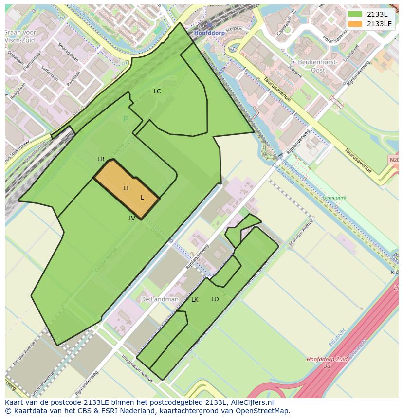 Afbeelding van het postcodegebied 2133 LE op de kaart.