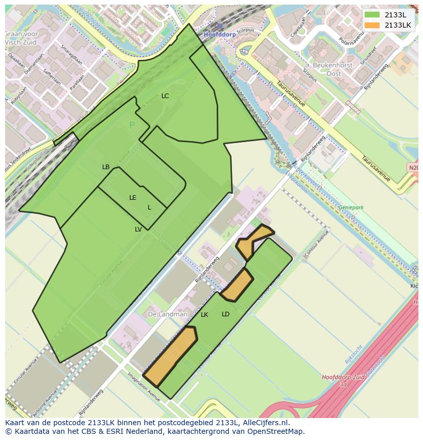Afbeelding van het postcodegebied 2133 LK op de kaart.
