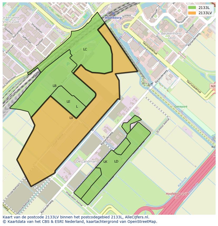 Afbeelding van het postcodegebied 2133 LV op de kaart.