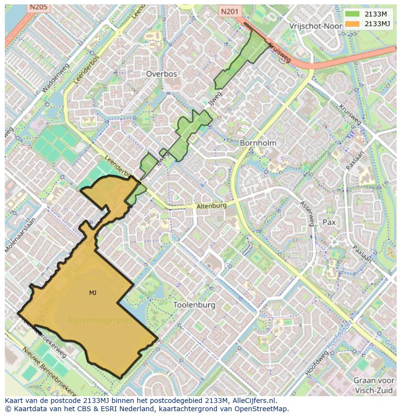 Afbeelding van het postcodegebied 2133 MJ op de kaart.