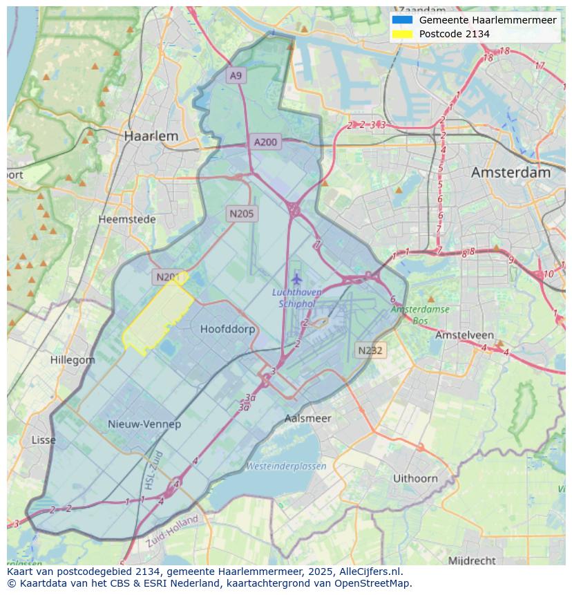 Afbeelding van het postcodegebied 2134 op de kaart.