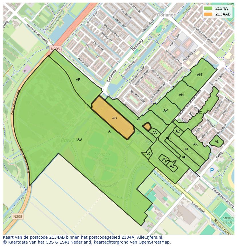 Afbeelding van het postcodegebied 2134 AB op de kaart.