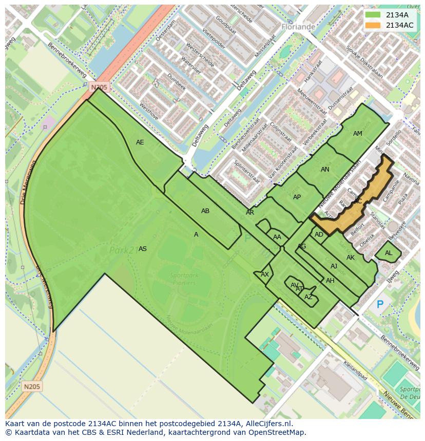 Afbeelding van het postcodegebied 2134 AC op de kaart.