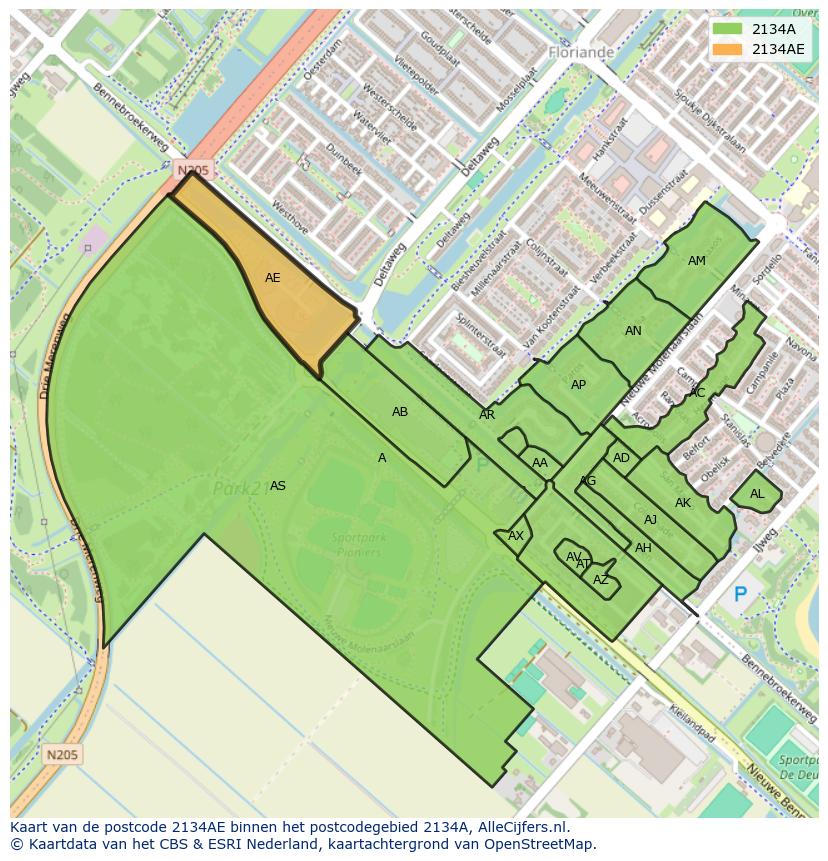 Afbeelding van het postcodegebied 2134 AE op de kaart.