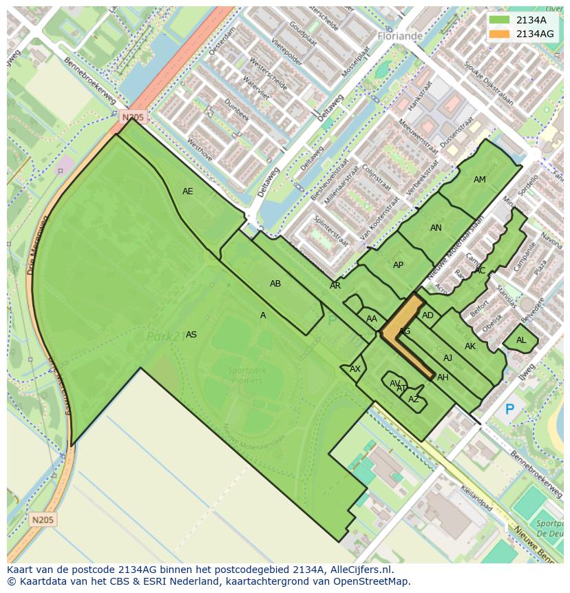 Afbeelding van het postcodegebied 2134 AG op de kaart.