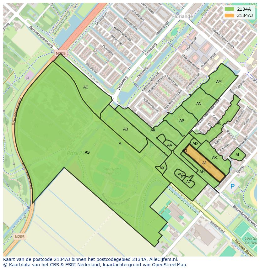 Afbeelding van het postcodegebied 2134 AJ op de kaart.