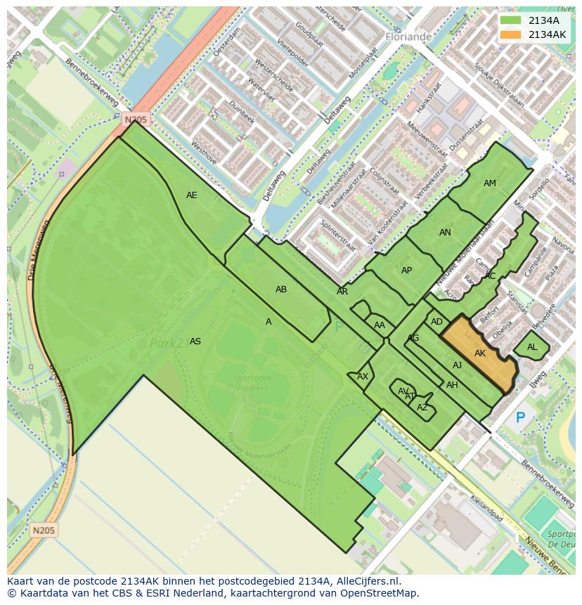 Afbeelding van het postcodegebied 2134 AK op de kaart.