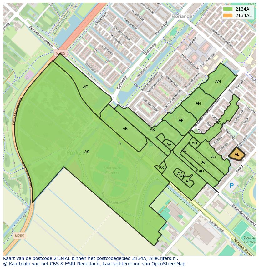 Afbeelding van het postcodegebied 2134 AL op de kaart.