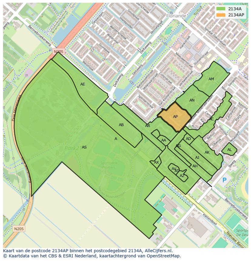 Afbeelding van het postcodegebied 2134 AP op de kaart.
