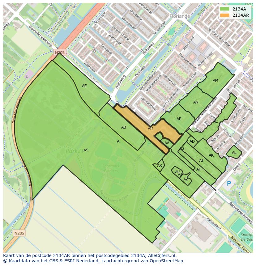 Afbeelding van het postcodegebied 2134 AR op de kaart.