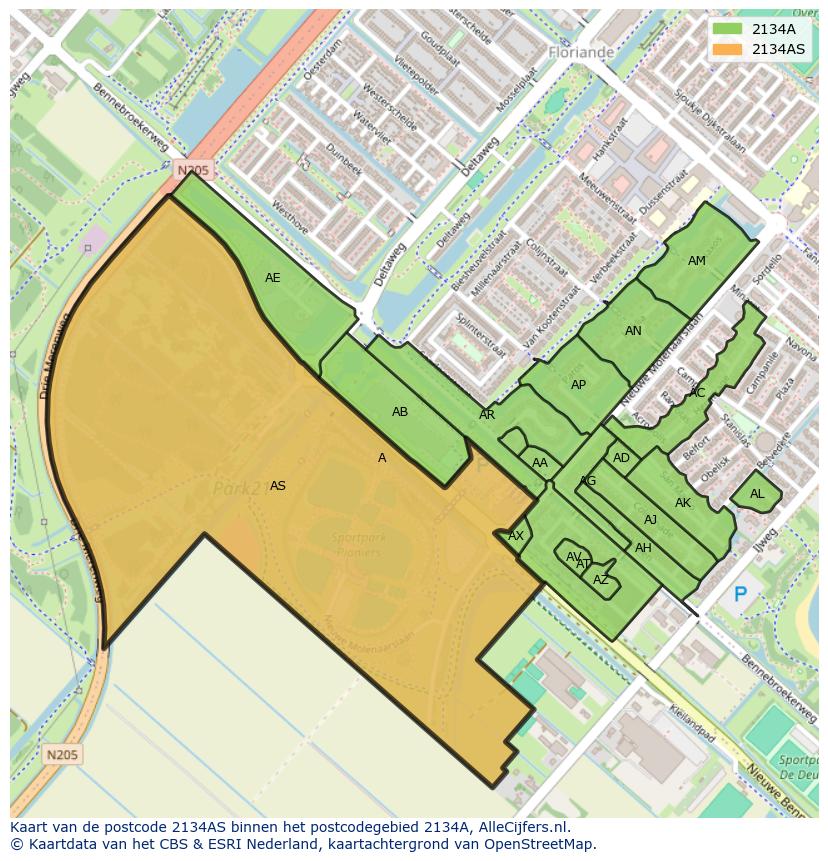 Afbeelding van het postcodegebied 2134 AS op de kaart.