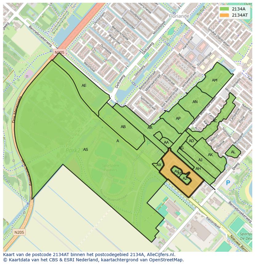 Afbeelding van het postcodegebied 2134 AT op de kaart.