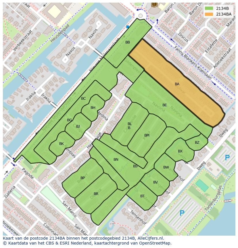 Afbeelding van het postcodegebied 2134 BA op de kaart.