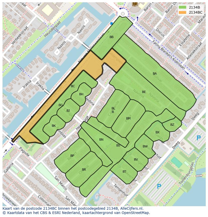 Afbeelding van het postcodegebied 2134 BC op de kaart.