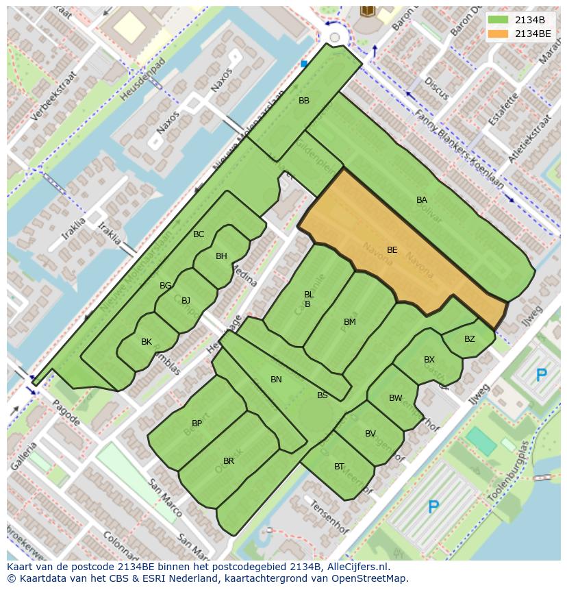 Afbeelding van het postcodegebied 2134 BE op de kaart.
