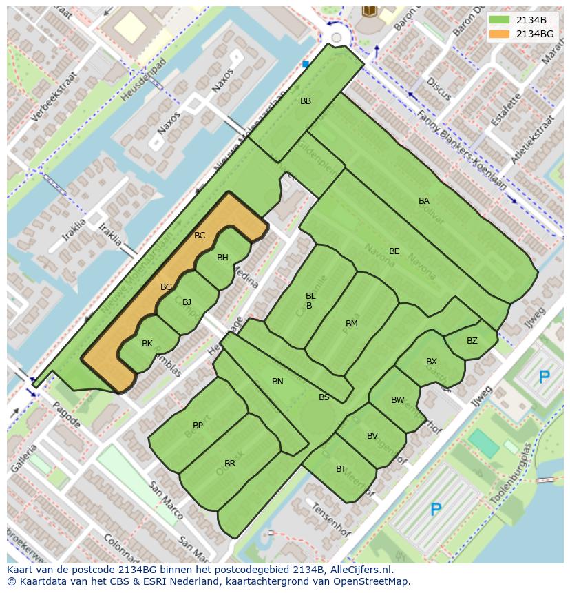 Afbeelding van het postcodegebied 2134 BG op de kaart.