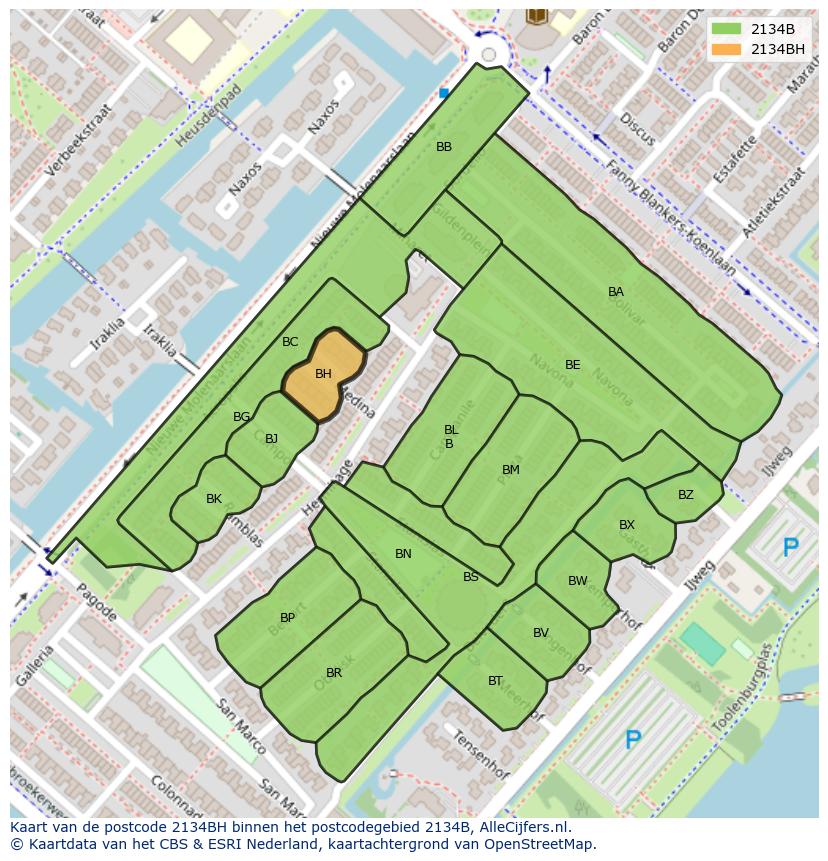 Afbeelding van het postcodegebied 2134 BH op de kaart.