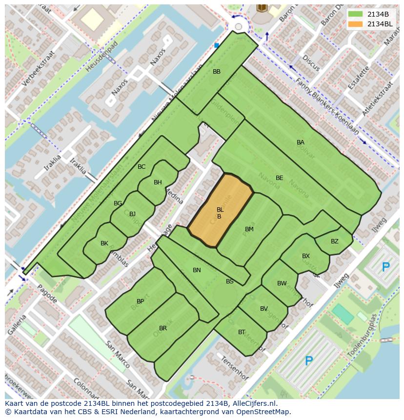 Afbeelding van het postcodegebied 2134 BL op de kaart.