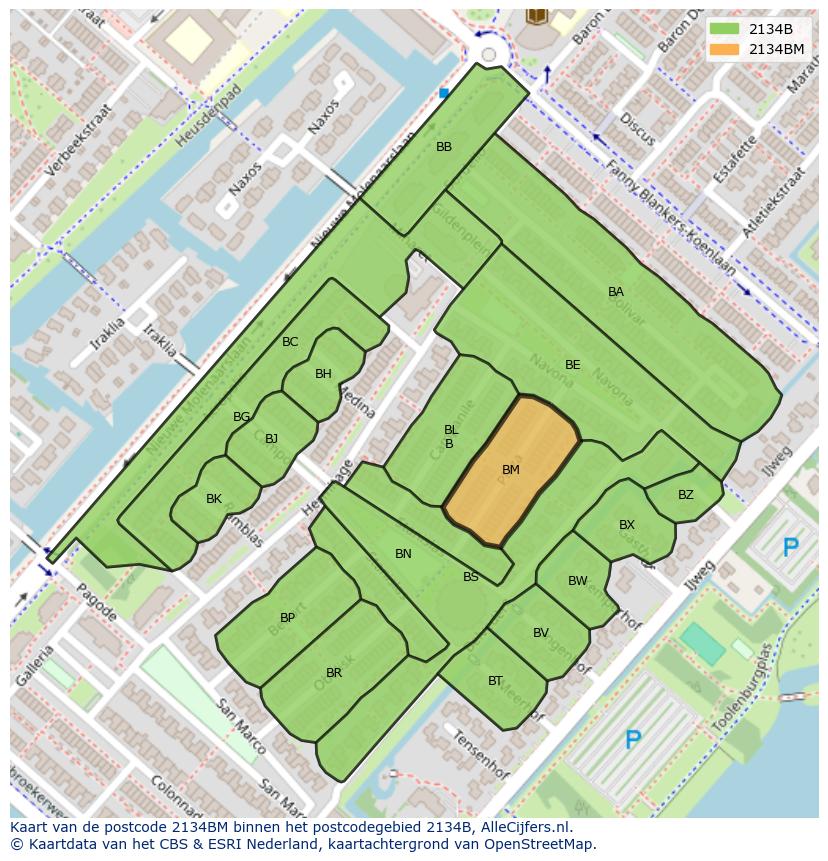 Afbeelding van het postcodegebied 2134 BM op de kaart.