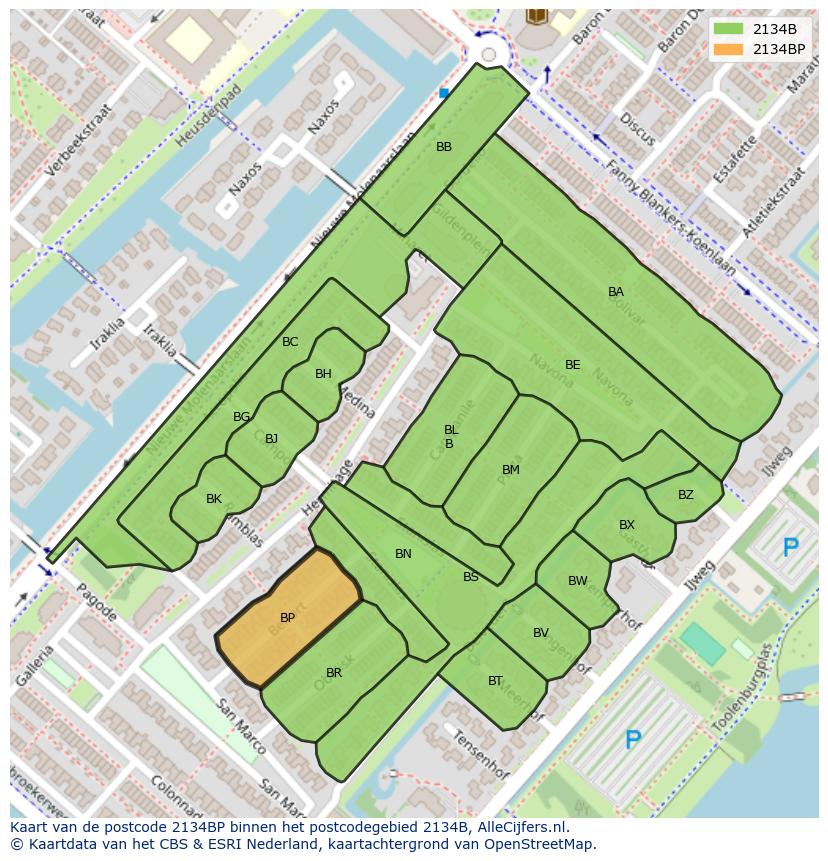Afbeelding van het postcodegebied 2134 BP op de kaart.