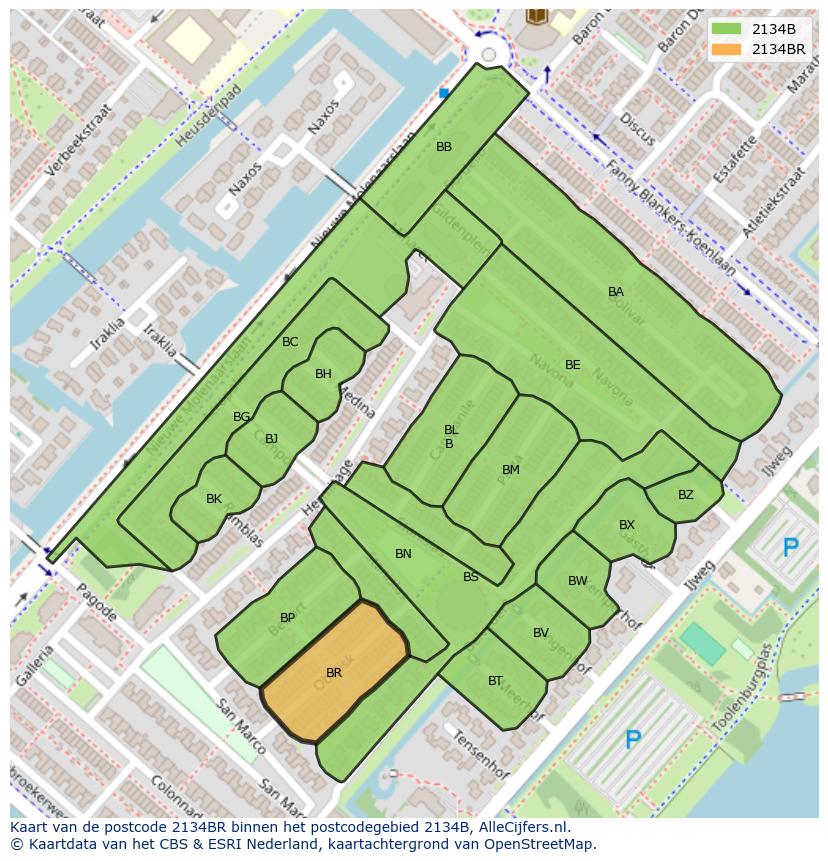 Afbeelding van het postcodegebied 2134 BR op de kaart.