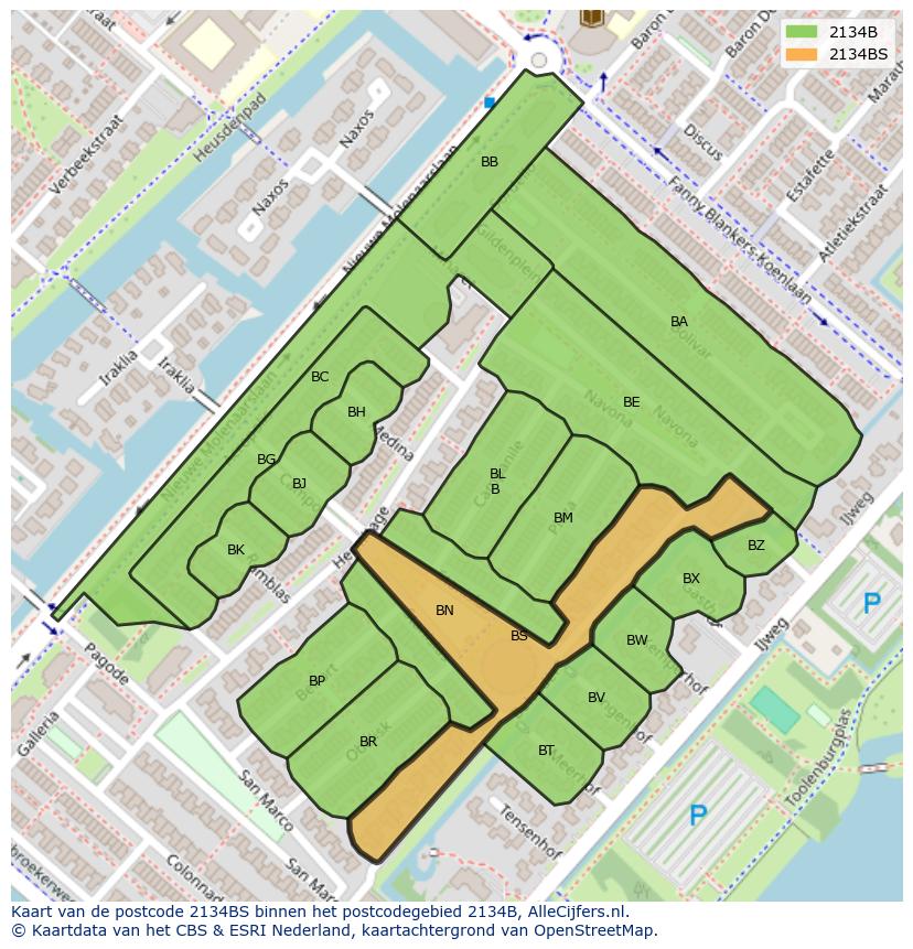 Afbeelding van het postcodegebied 2134 BS op de kaart.