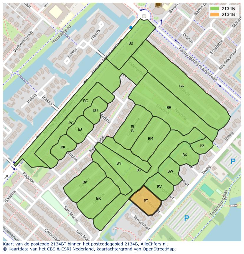 Afbeelding van het postcodegebied 2134 BT op de kaart.
