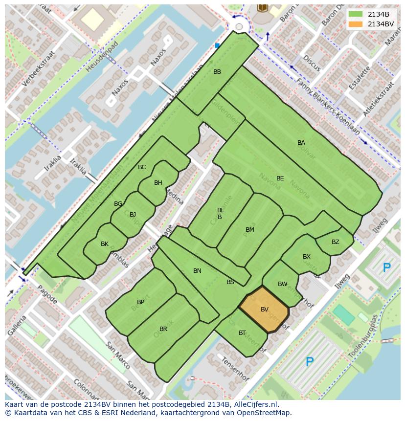 Afbeelding van het postcodegebied 2134 BV op de kaart.
