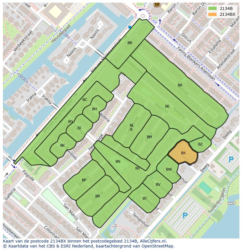 Afbeelding van het postcodegebied 2134 BX op de kaart.