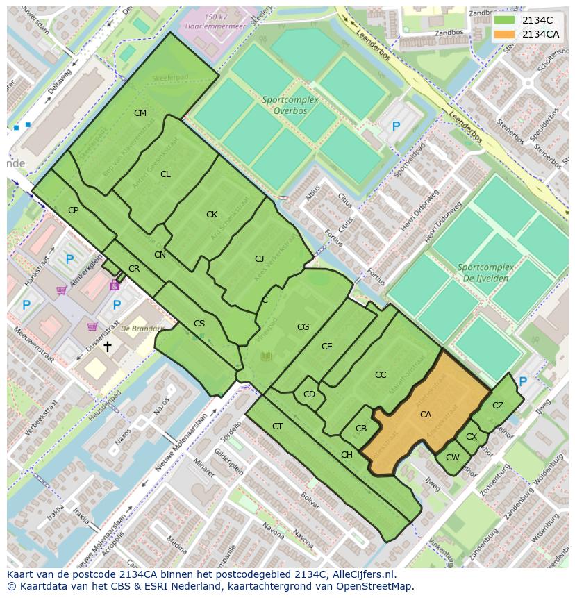Afbeelding van het postcodegebied 2134 CA op de kaart.