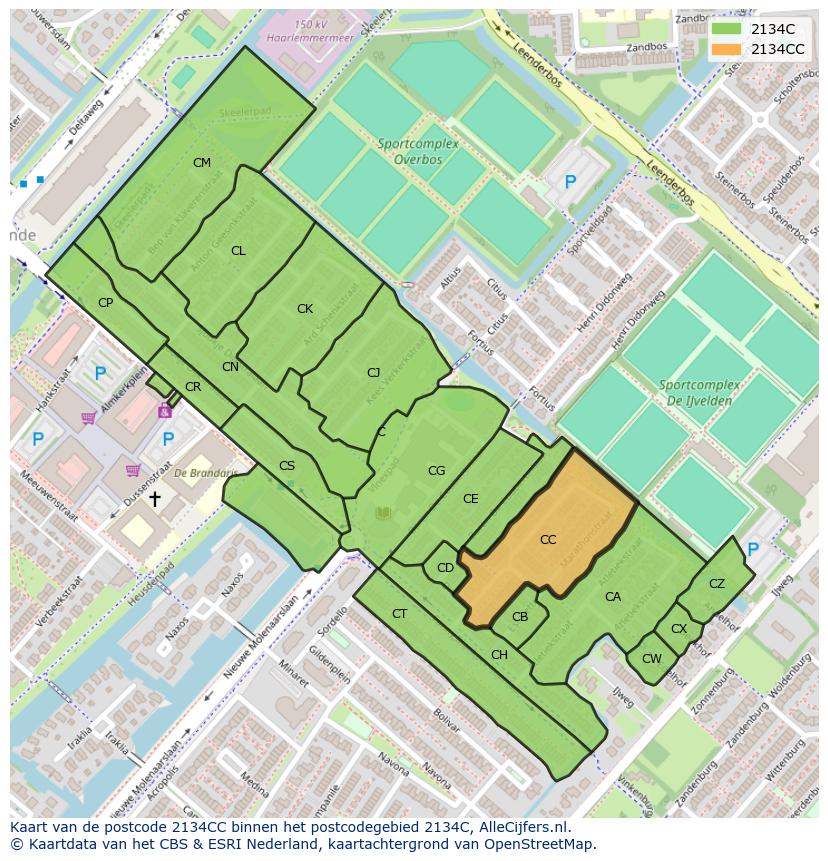 Afbeelding van het postcodegebied 2134 CC op de kaart.