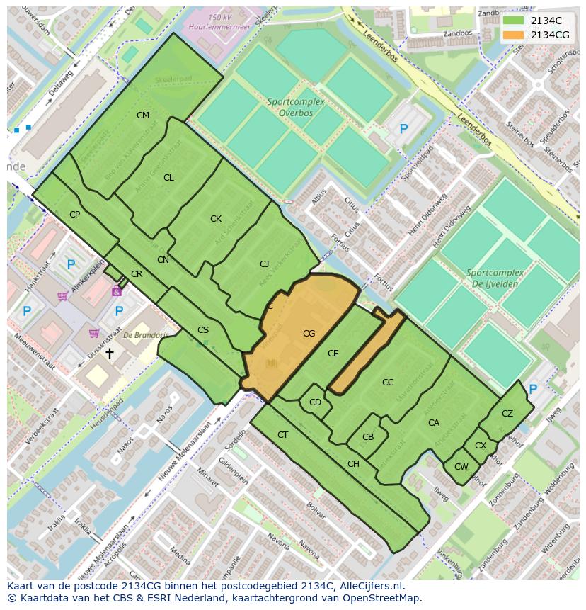 Afbeelding van het postcodegebied 2134 CG op de kaart.