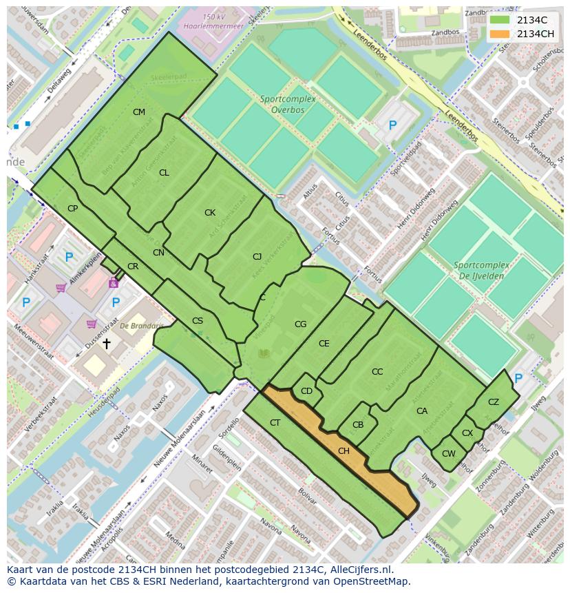 Afbeelding van het postcodegebied 2134 CH op de kaart.