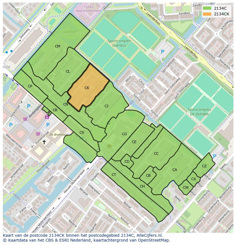 Afbeelding van het postcodegebied 2134 CK op de kaart.