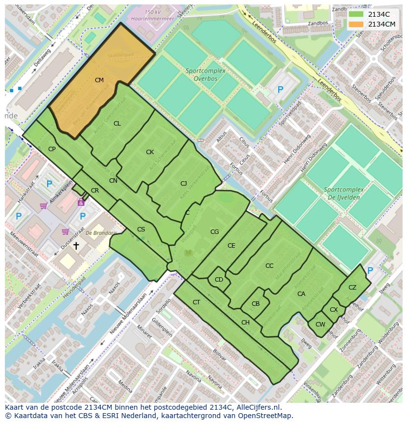 Afbeelding van het postcodegebied 2134 CM op de kaart.