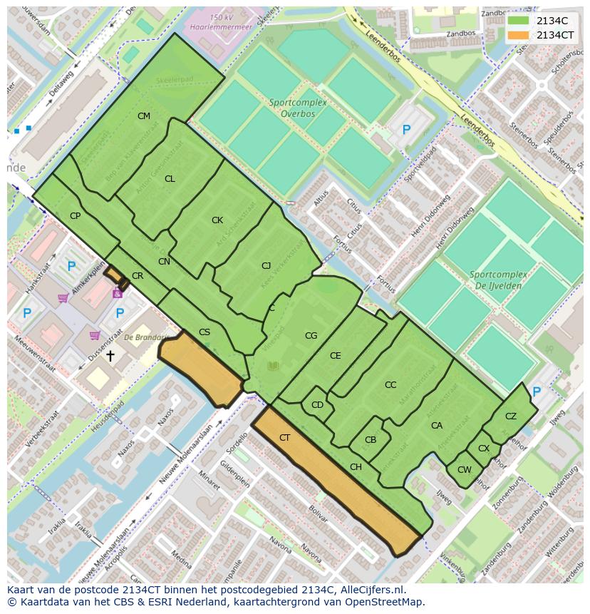 Afbeelding van het postcodegebied 2134 CT op de kaart.