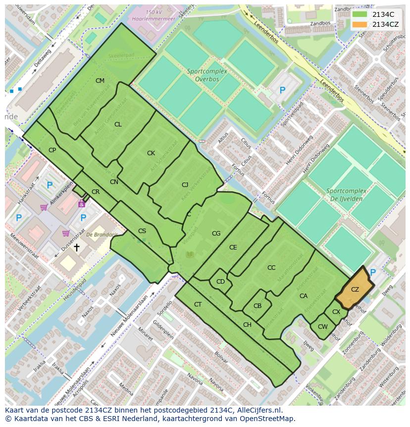 Afbeelding van het postcodegebied 2134 CZ op de kaart.