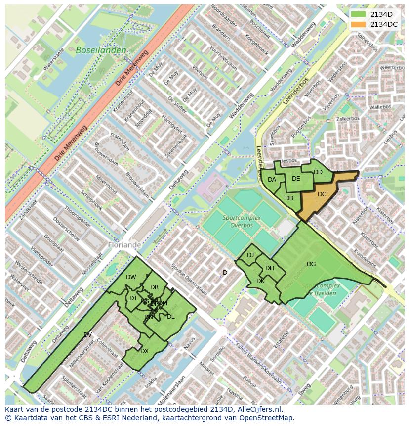 Afbeelding van het postcodegebied 2134 DC op de kaart.