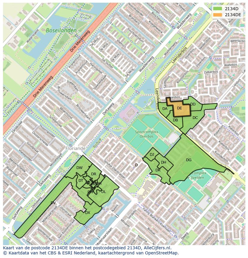 Afbeelding van het postcodegebied 2134 DE op de kaart.