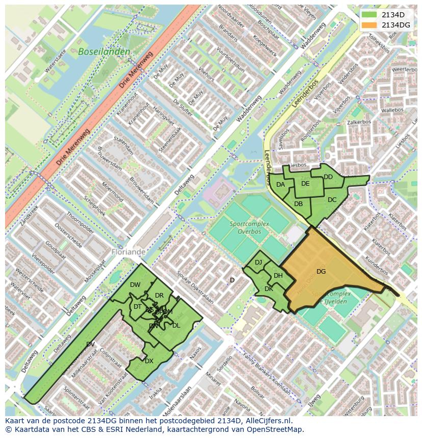 Afbeelding van het postcodegebied 2134 DG op de kaart.