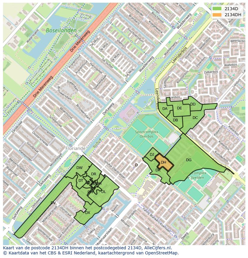 Afbeelding van het postcodegebied 2134 DH op de kaart.