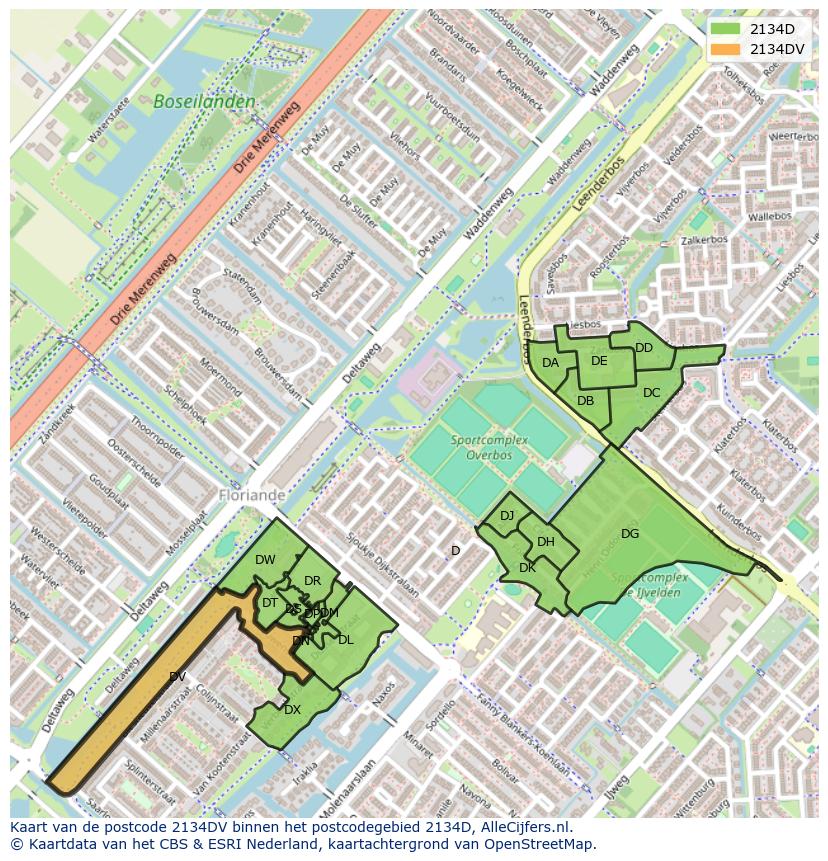 Afbeelding van het postcodegebied 2134 DV op de kaart.