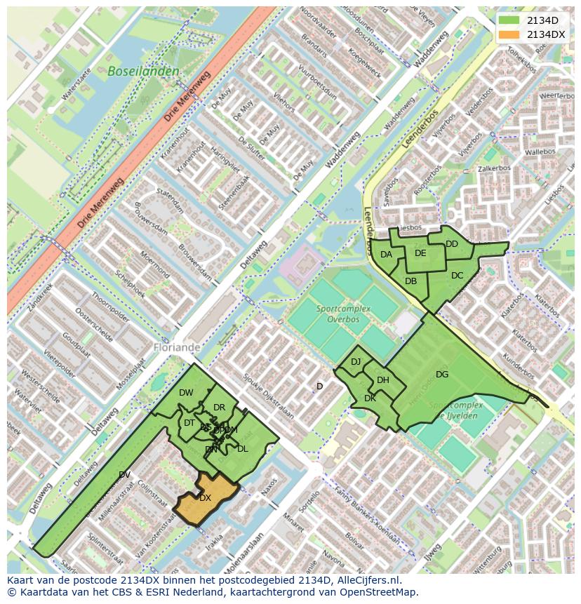 Afbeelding van het postcodegebied 2134 DX op de kaart.