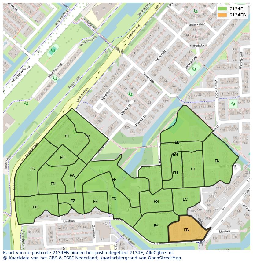 Afbeelding van het postcodegebied 2134 EB op de kaart.