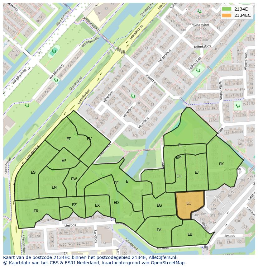 Afbeelding van het postcodegebied 2134 EC op de kaart.