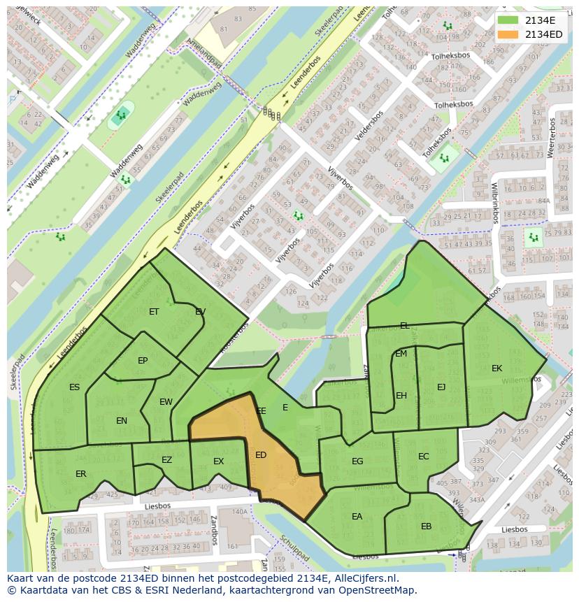 Afbeelding van het postcodegebied 2134 ED op de kaart.