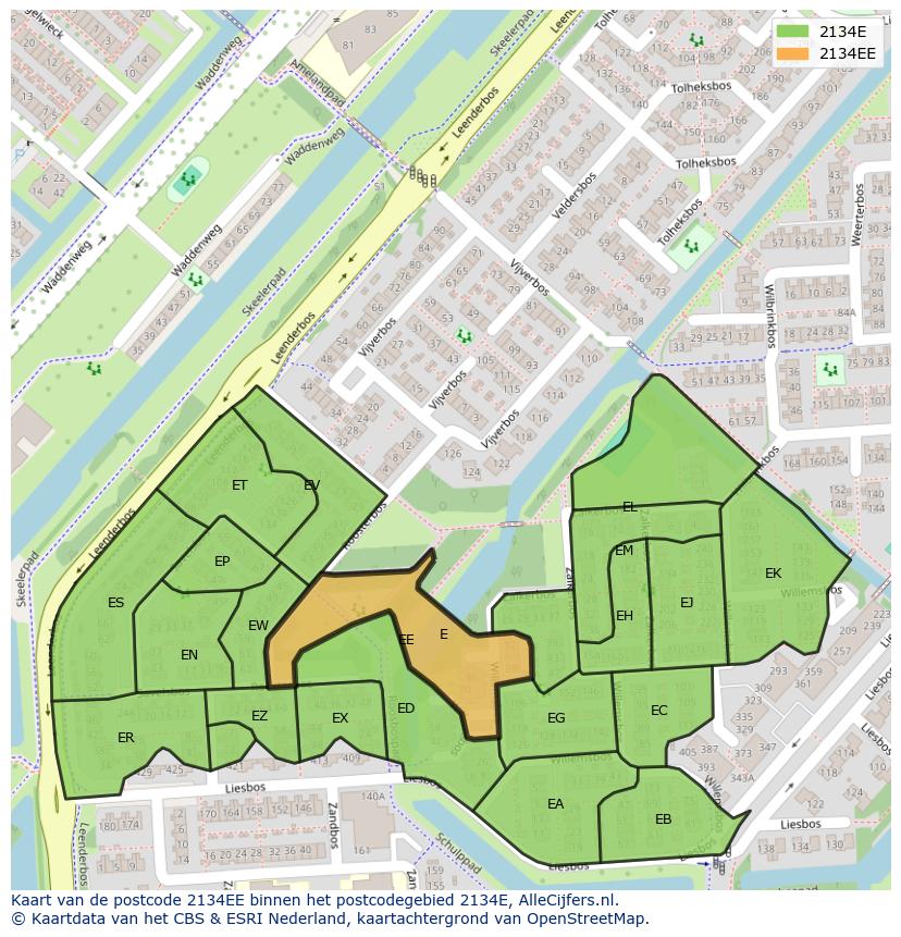 Afbeelding van het postcodegebied 2134 EE op de kaart.