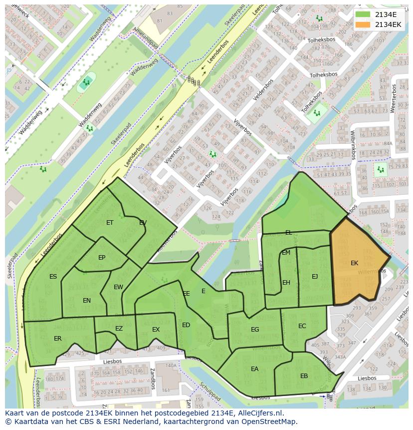 Afbeelding van het postcodegebied 2134 EK op de kaart.