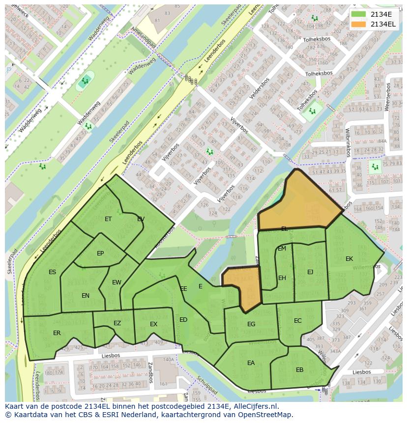 Afbeelding van het postcodegebied 2134 EL op de kaart.
