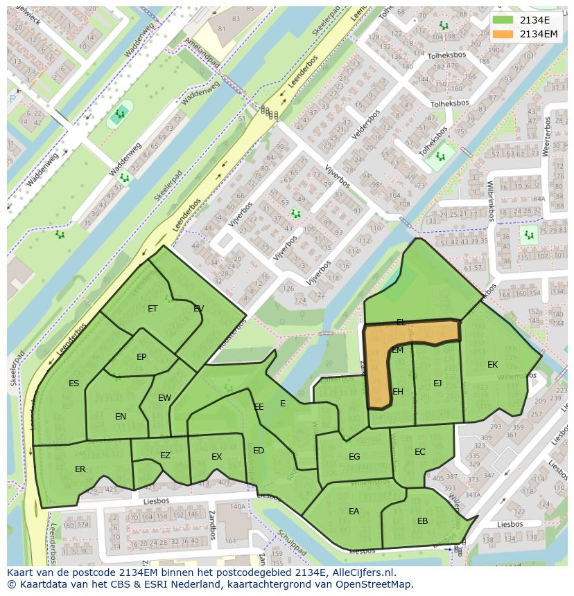 Afbeelding van het postcodegebied 2134 EM op de kaart.